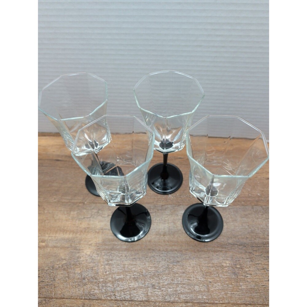 Set Of 4 Arcoroc Luminarc France Black Stem Octime Wine Goblets 8” Glass Octagon - Picture 2 of 6